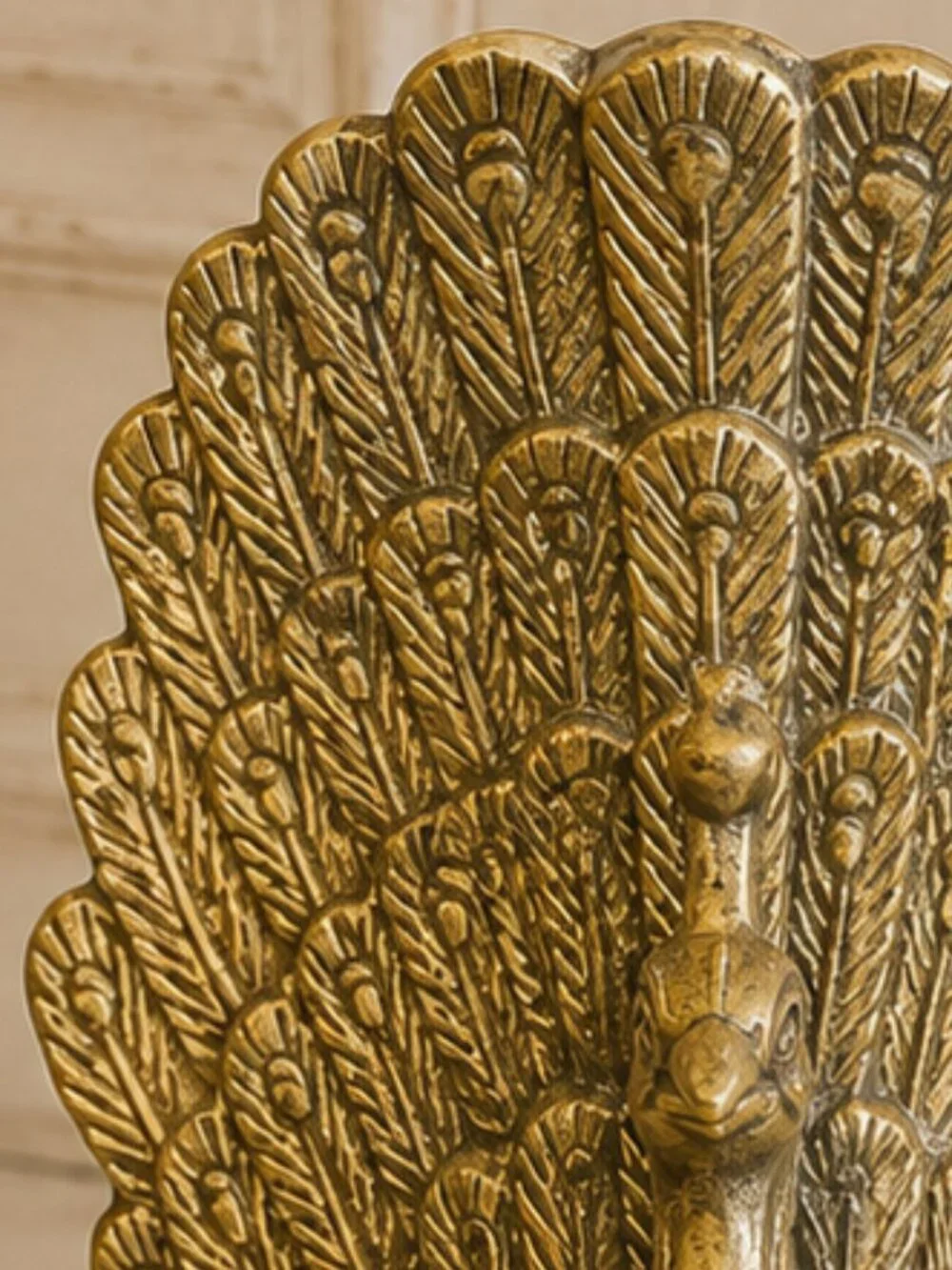 Vintage Brass Finish Peacock Figurine With an Ornate, Spread-Feather Tail Design